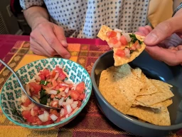 a bowl of pico de gallo salsa and tortilla